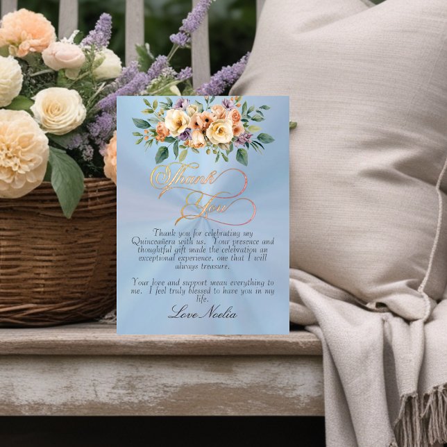 Pastel Blue - Floral & Silver Tiara Quinceanera Tack Kort (Skapare uppladdad)