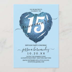 Pastel Blue Glitter Heart Balloon Quinceañera Inbjudningar