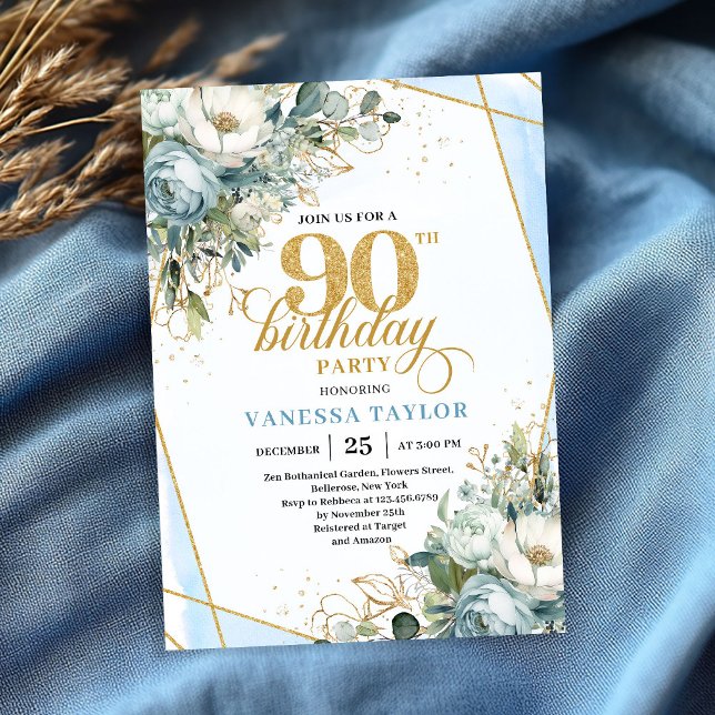 Pastel blue gold shimmer floral 90th birthday  inbjudningar (Pastel blue gold shimmer floral 90th birthday party invite)