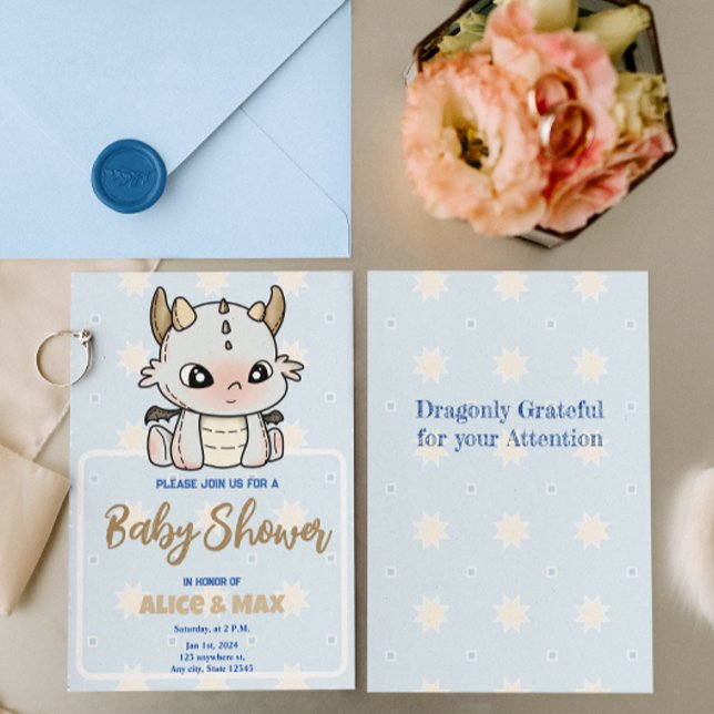 Pastel Blue Grått Baby Dragon Baby Shower Inbjudningar (Skapare uppladdad)