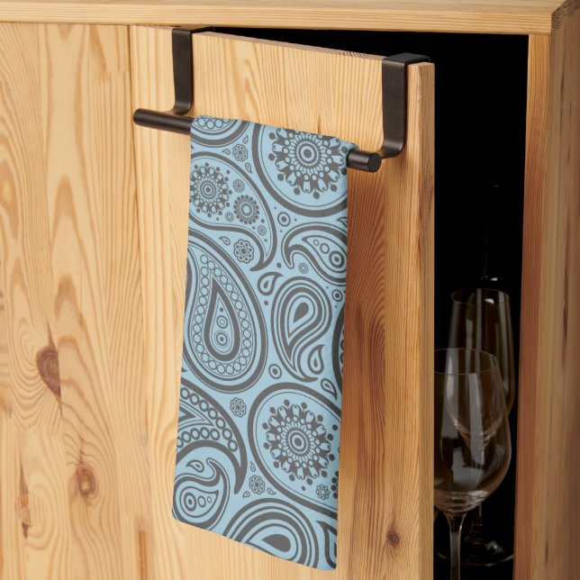 Pastel Blue & Grått Vintage Paisley Damasks Kökshandduk (Thirds Fold)