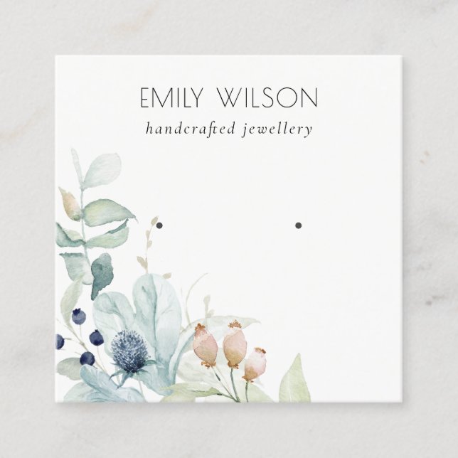 Pastel Blue Grönt Foliage Bunch Earring Visning Fyrkantigt Visitkort (Framsida)