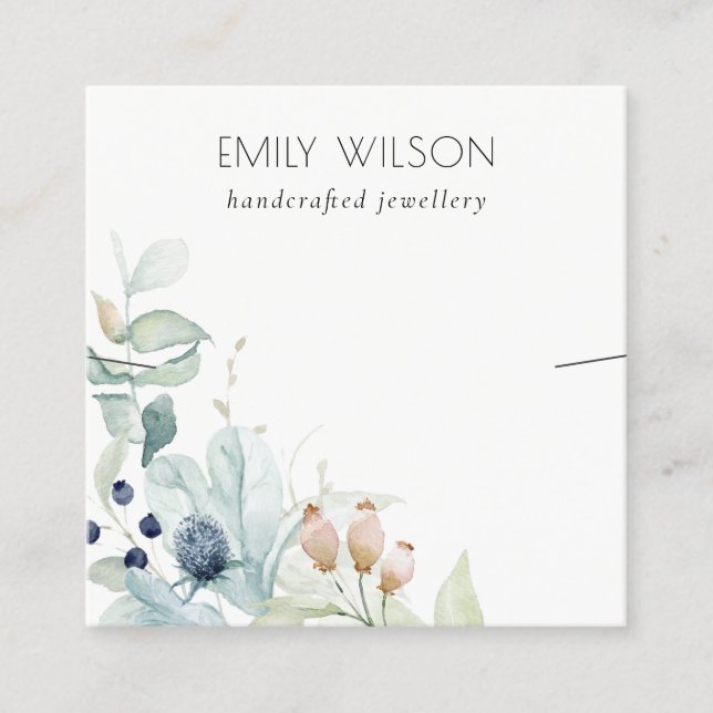 Pastel Blue Grönt Foliage Bunch Earring Visning Fyrkantigt Visitkort (Framsida)