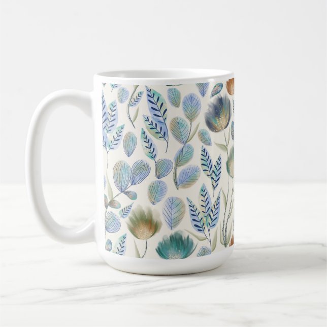 PASTEL BLUE GRÖNT & TAN WHIMSICAL GARDEN FLOWERS KAFFEMUGG (Vänster)