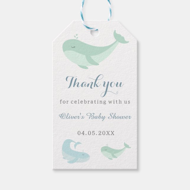 Pastel Blue Grönt Whale Tack Baby Shower Presentetikett (Framsidan)