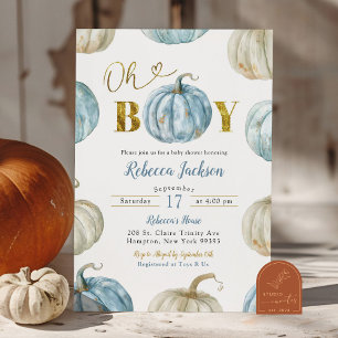 Pastel Blue Guld Oh Boy Pumpkin Baby Shower Inbjudningar