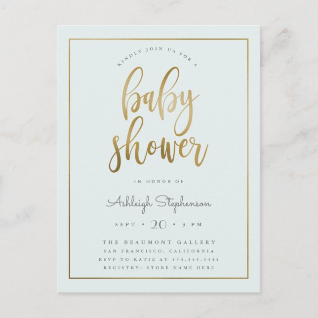 Pastel Blue & Guld Typography Boy Shower Inbjudan Vykort (Framsida)