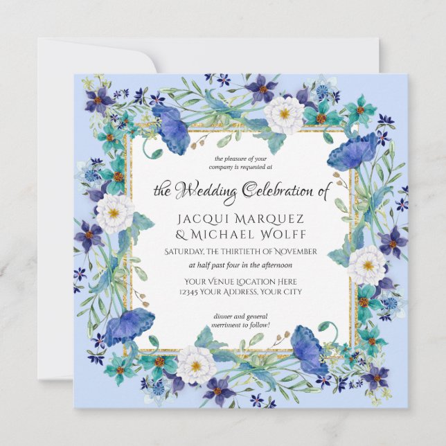 Pastel Blue Guld Watercolor Elegant Blommigt Bröll Inbjudningar (Framsida)
