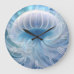 Pastel Blue Jellyfish Fractal Art under havet Stor Klocka