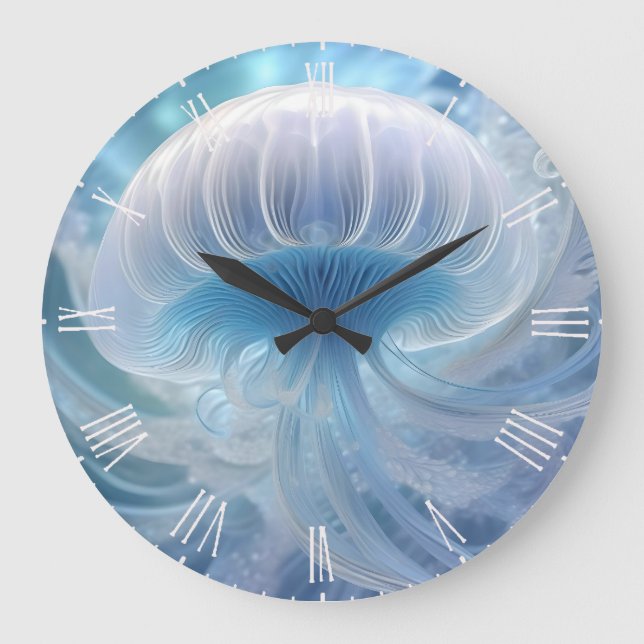 Pastel Blue Jellyfish Fractal Art under havet Stor Klocka (Framsida)