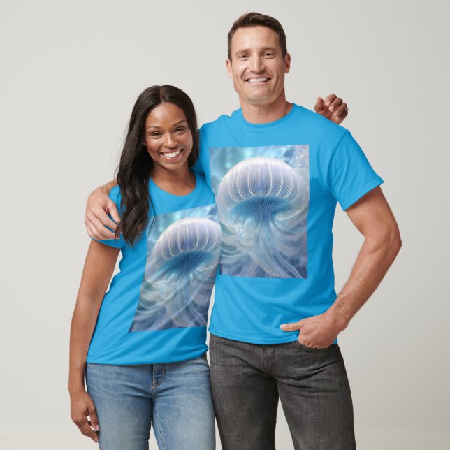 Pastel Blue Jellyfish Fractal Art under havet T Shirt (Unisex)