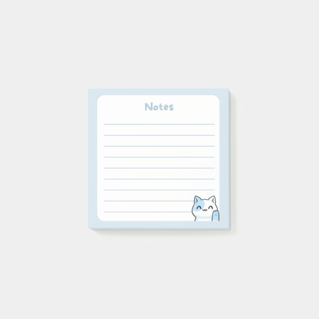 Pastel Blue Kawaii Chibi Kattunge Waking Hej Post-it Block (Framsida)