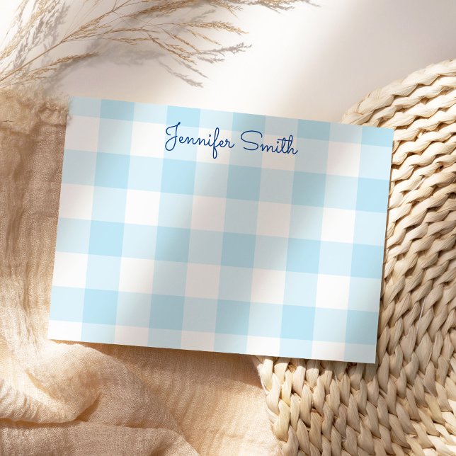 Pastel Blue Large Gingham Check Anteckningskort (Cute personalize pastel blue gingham note card.)