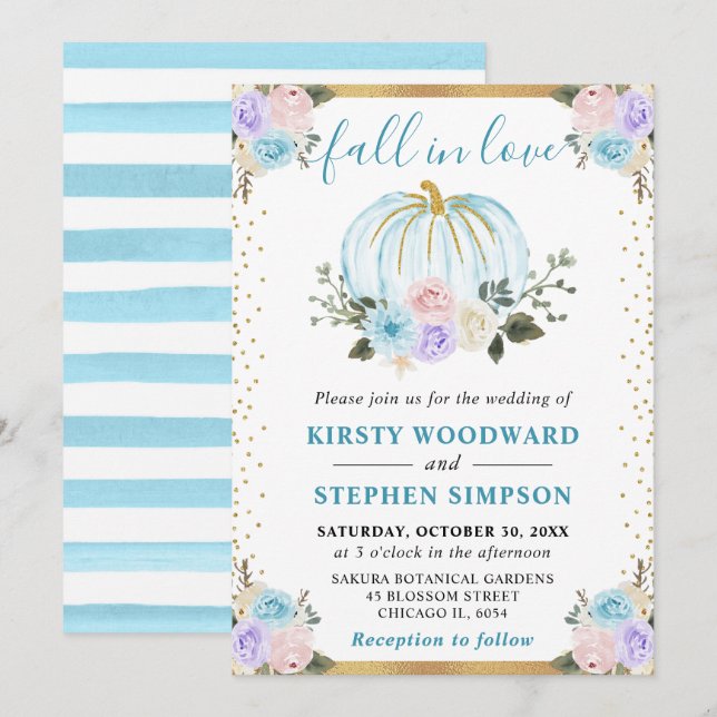 Pastel Blue & Lila Blommigt Pumpkins Fall Wedding Inbjudningar (Fram/baksida)