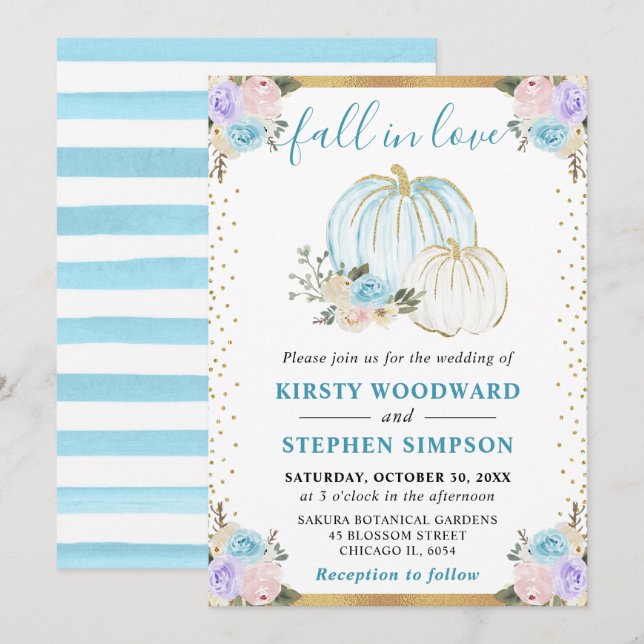 Pastel Blue & Lila Blommigt Pumpkins Fall Wedding Inbjudningar (Fram/baksida)