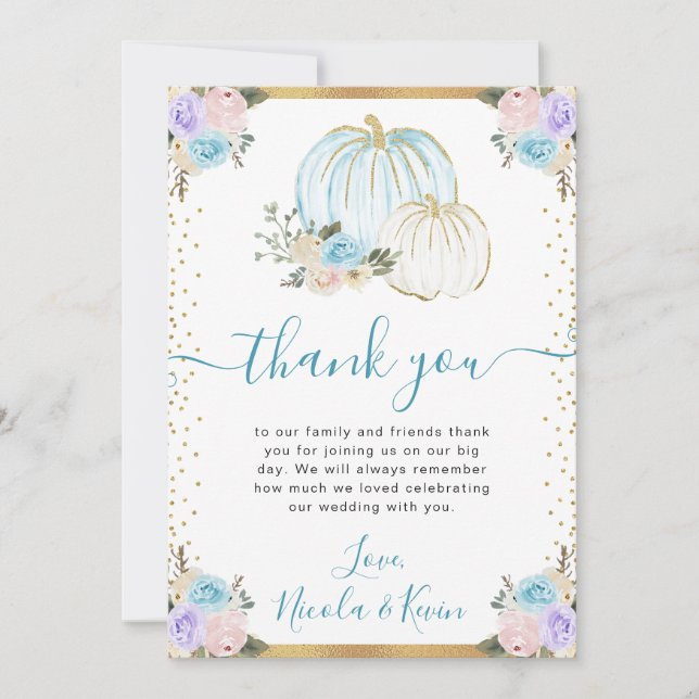 Pastel Blue & Lila Blommigt Pumpkins Fall Wedding Tack Kort (Framsida)