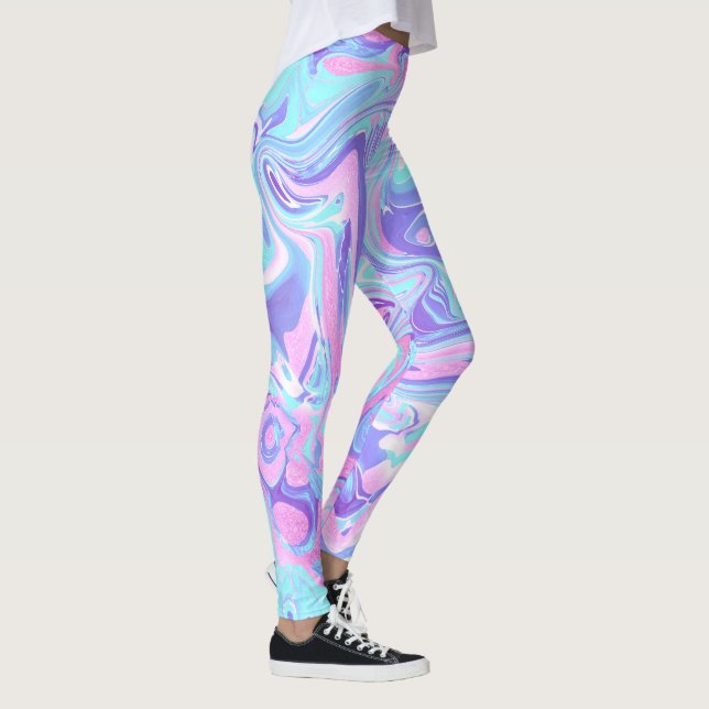 Pastel Blue & Lila Marble Liquid Struktur Leggings (Höger)