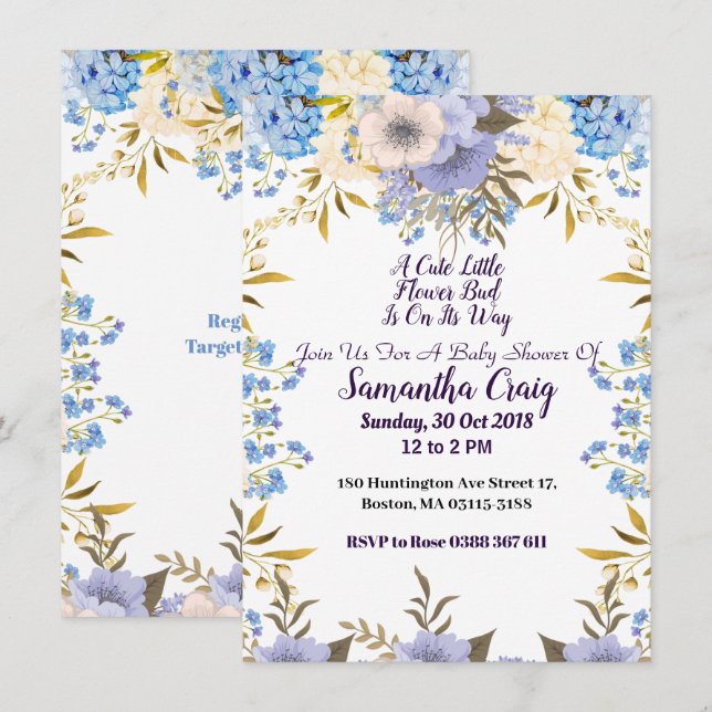 Pastel Blue Little Flower Bud Blommigt Baby Shower Inbjudningar (Fram/baksida)