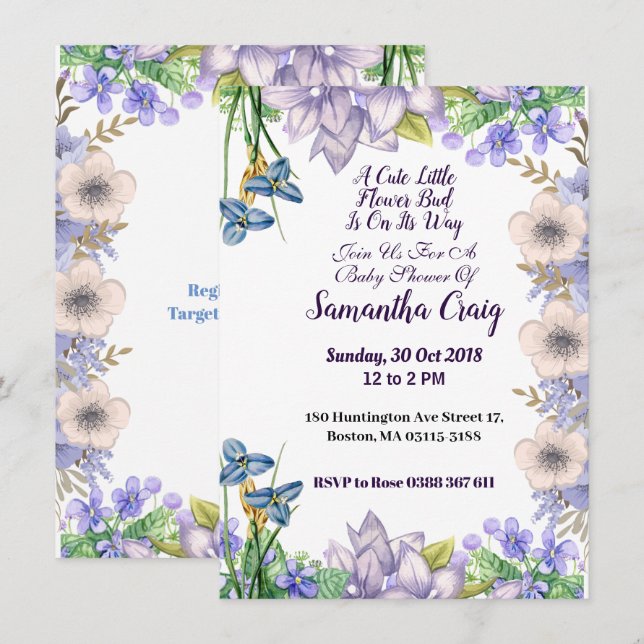 Pastel Blue Little Flower Bud Blommigt Baby Shower Inbjudningar (Fram/baksida)