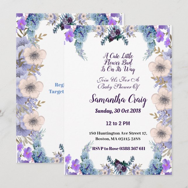 Pastel Blue Little Flower Bud Lilac Baby Shower  Inbjudningar (Fram/baksida)