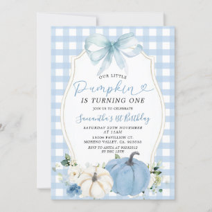 Pastel Blue Little Pumpkin Gingham 1:a födelsedage Inbjudningar