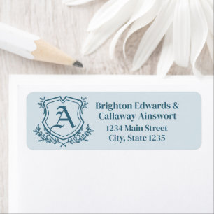 Pastel Blue Löv och Blommigt Monogram Vapensköld A Returadress Etikett