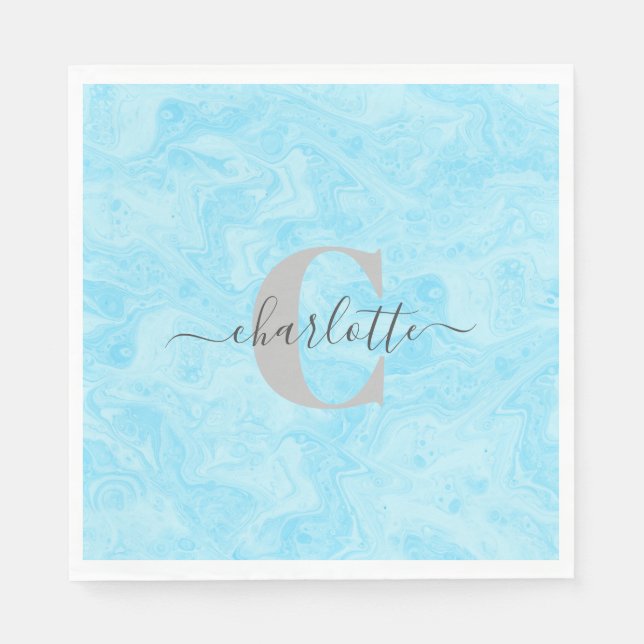 Pastel Blue Marble Anpassningsbar Monogrammed Namn Pappersservett (Framsidan)