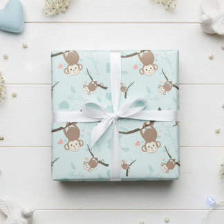 Pastel Blue Monkey Valentine Wrapping Paper  Presentpapper