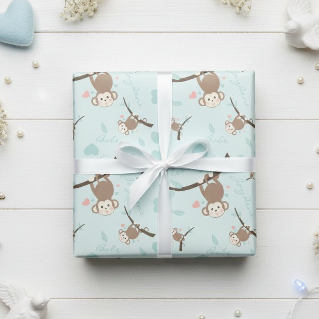 Pastel Blue Monkey Valentine Wrapping Paper  Presentpapper (Soft pastel blue cute monkeys for valentine, birthday or any gift.)