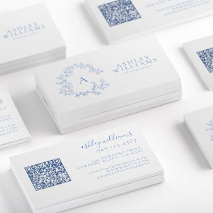 Pastel Blue Monogram Blommigt Vapensköld QR-kod Visitkort