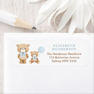 Pastel Blue Nalle Balloon Baby Returadress Etikett