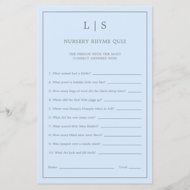 Pastel Blue Nursery Rhyme Quiz Baby Shower Game (Framsida)