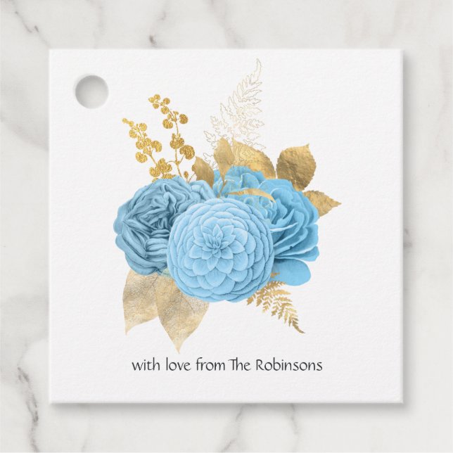 Pastel Blue och Guld Blommigt Bröllop Gåvor Etiketter (Framsida)