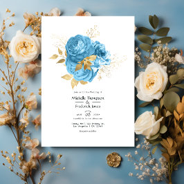 Pastel Blue och Guld Blommigt Bröllop Inbjudningar