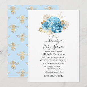 Pastel Blue- och Guld Blommigt Drive by Shower Inbjudningar