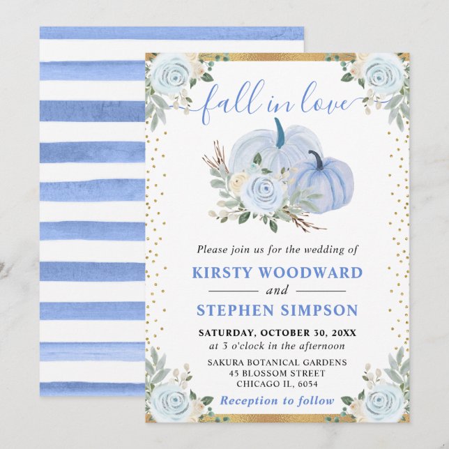 Pastel Blue och Guld Blommigt Pumpkins Fall Weddin Inbjudningar (Fram/baksida)