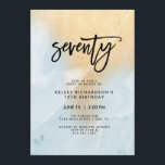 Pastel Blue och Guld Marble | 70:e Födelsedagsfest Inbjudningar<br><div class="desc">Det här glam och den 70:e födelsedagsfest inbjudan-snyggten har en mjuk,  blå och faux marble-bakgrund för guld,  med trendig-manustypografi i svart.</div>