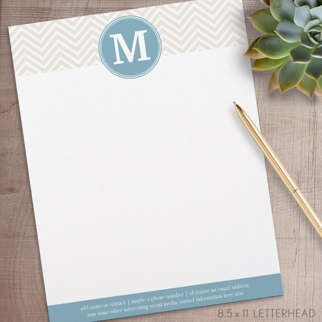Pastel Blue och Linen Chevrons Anpassningsbar Mono Brevhuvud (Personalized Letterhead )