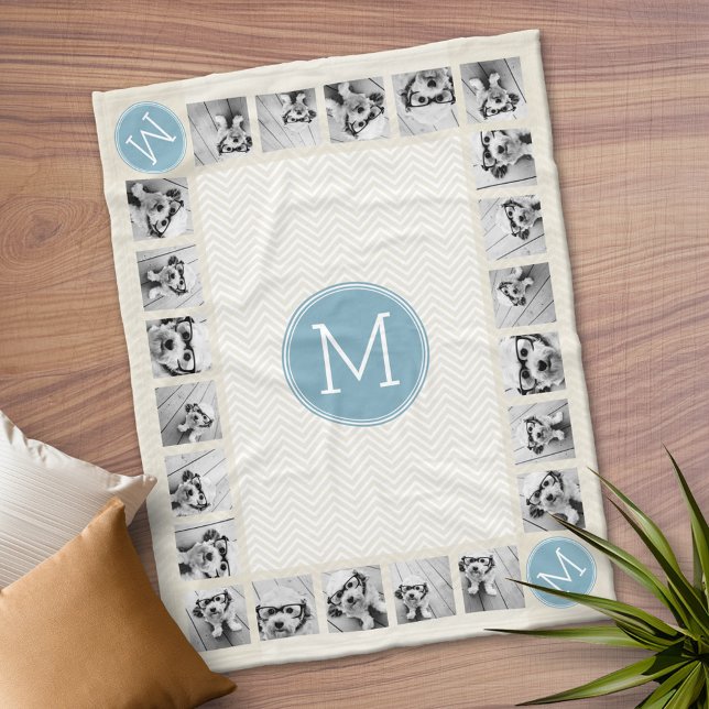 Pastel Blue och Linen Chevrons White Monogram Fleecefilt (Personalized Fleece Blanket)