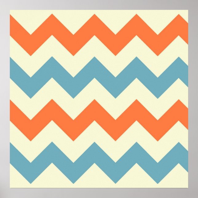 Pastel Blue och Orange Chevron Rand Zig Zags Poster (Framsidan)