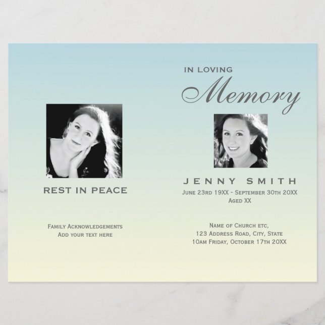 Pastel Blue Ombré Order of Service Funeral Program (Framsida)