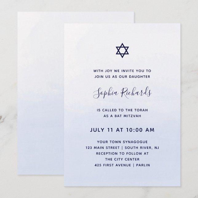 Pastel Blue Ombre Watercolor | Bat mitzvah Inbjudningar (Fram/baksida)
