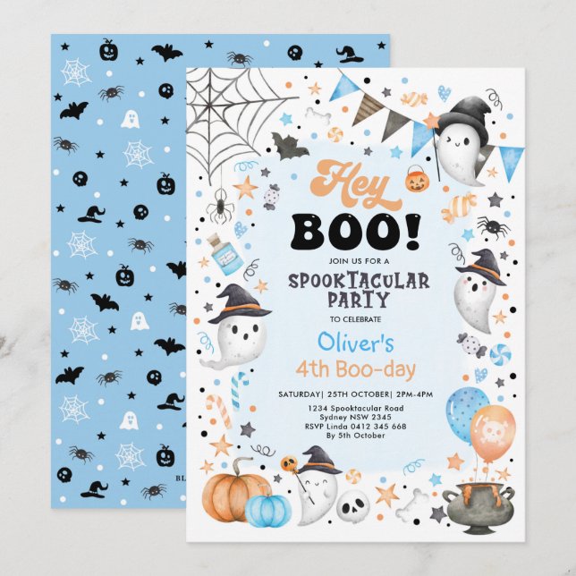 Pastel Blue Orange Halloween Ghost Boy Birthday in Inbjudningar (Fram/baksida)