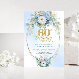 Pastel Blue Peonies Gold 60th Birthday Invitation Inbjudningar