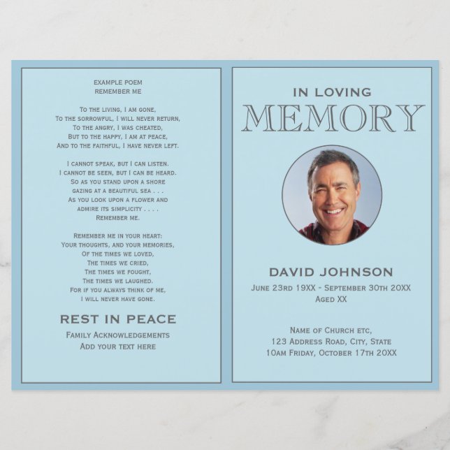 Pastel Blue Photo Order of Service Funeral Program (Framsida)