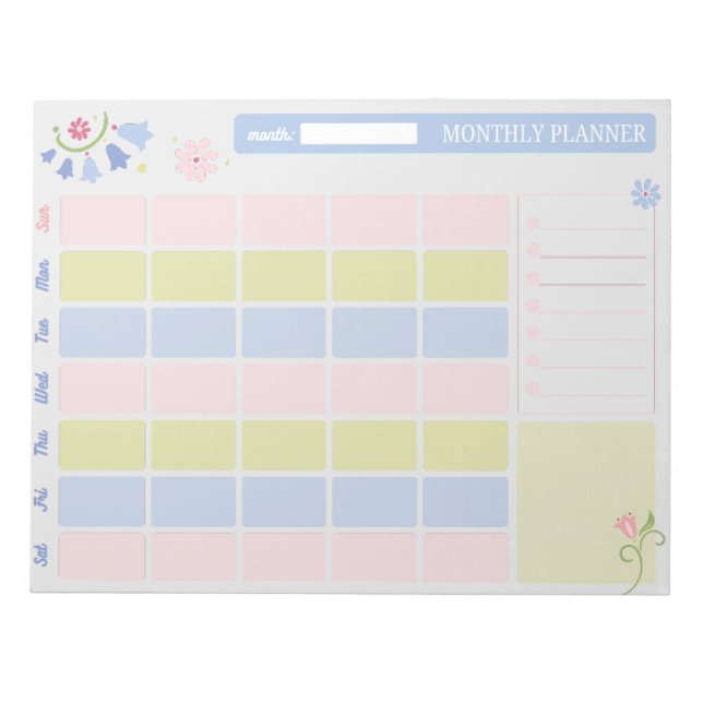 Pastel Blue Pink Cute Monthly Planner Notepad 11x8 Anteckningsblock (Framsida)