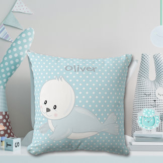 Pastel Blue Polka-Dot Baby Arktiska sälmonogram Kudde