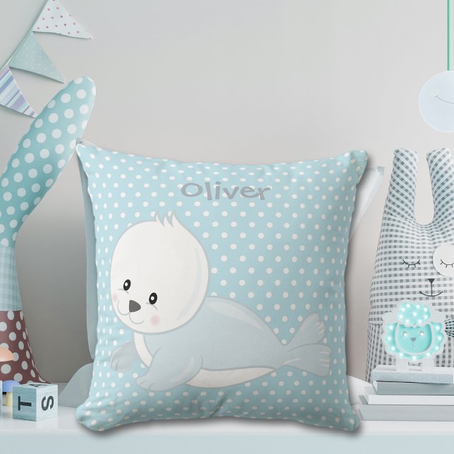 Pastel Blue Polka-Dot Baby Arktiska sälmonogram Kudde (Skapare uppladdad)