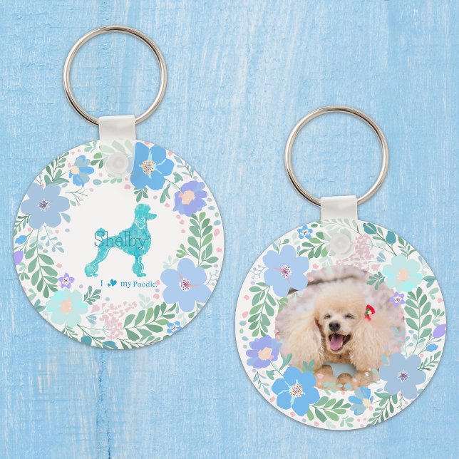 Pastel Blue Poodle Custom Floral Name & Photo Nyckelring (Skapare uppladdad)
