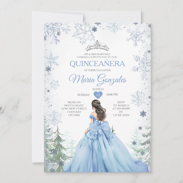Pastel Blue Princess Winter Forest Quinceañera Inbjudningar (Framsida)